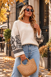 Gabi Broderie Sleeve Sweater - Creme/Black