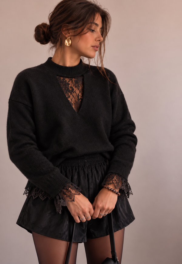 Lucy Lace Trim Sweater - Black